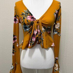 Polly & Esther orange floral crop top, v-neck, front tie, long bell sleeve, Med